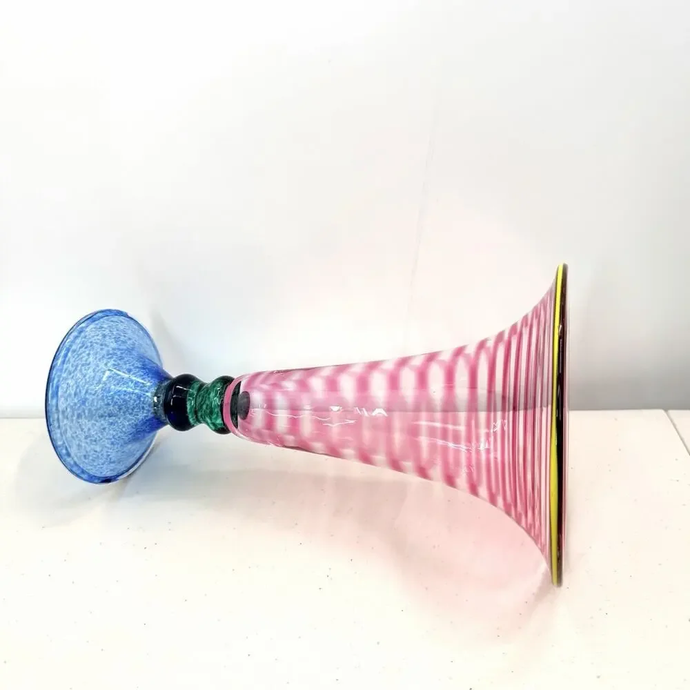 Vintage Colorful Murano Style Studio Art Glass Hand Blown Pedestal Vase 11.25